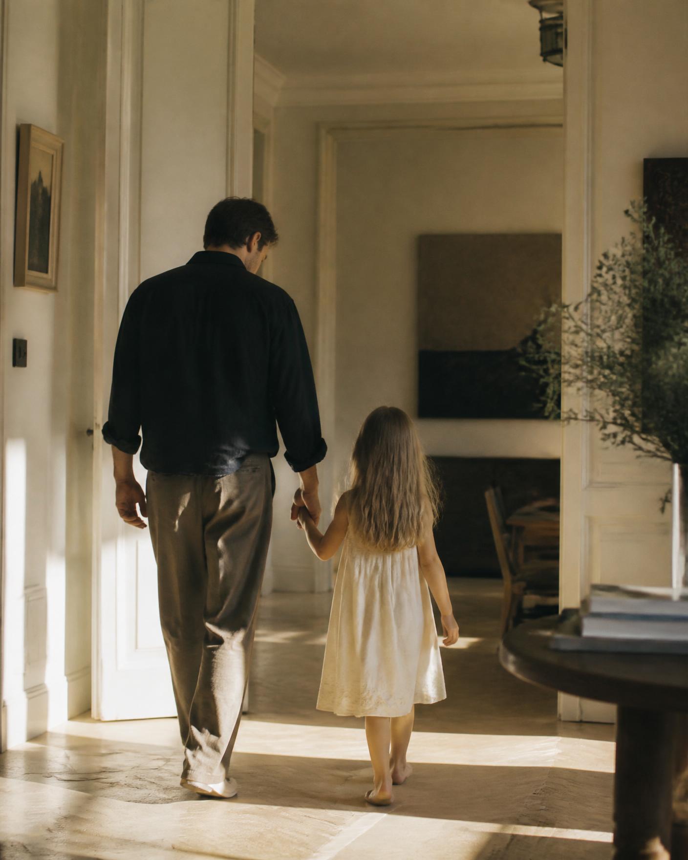 A father and daughter walking together at home